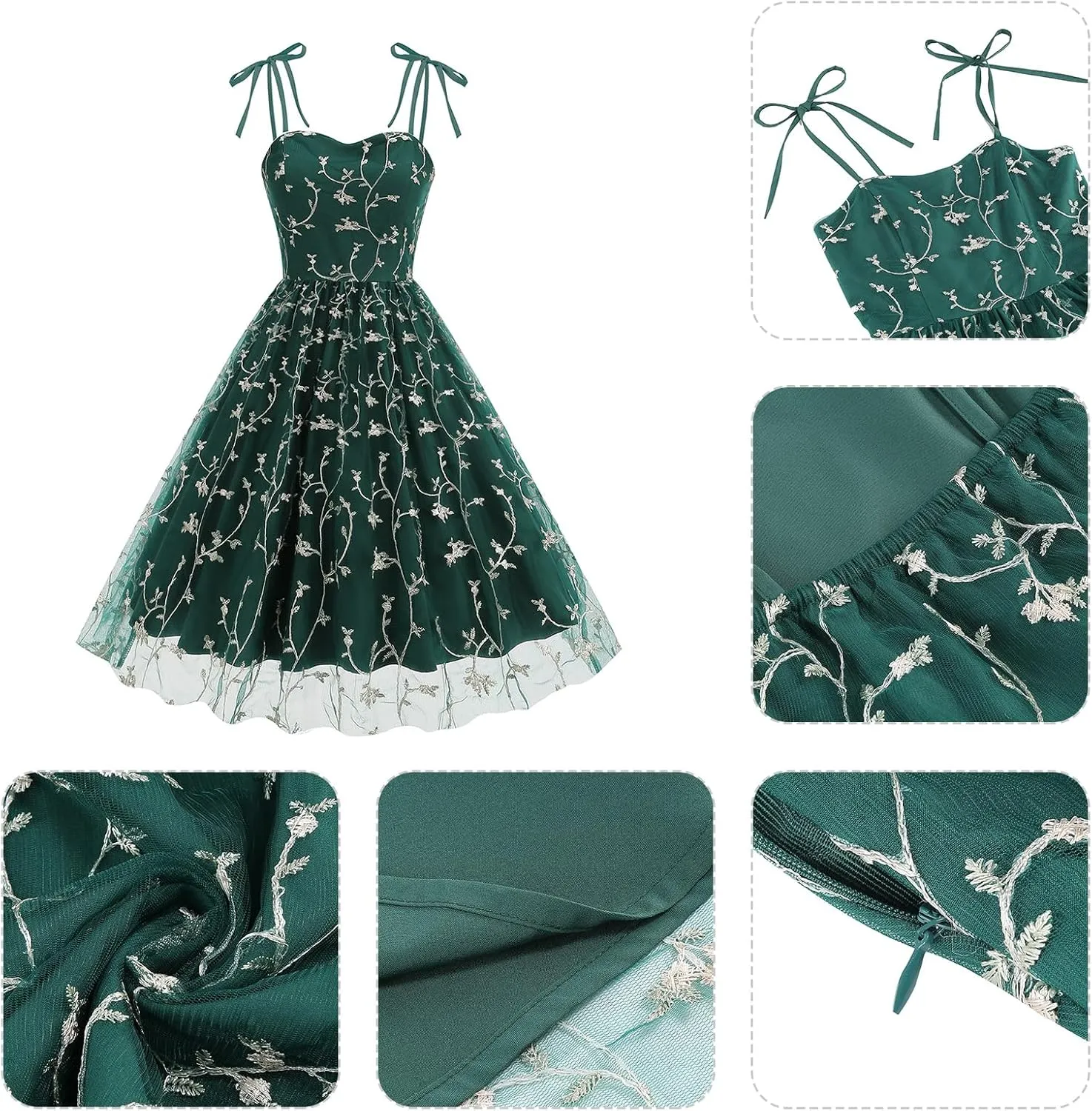 Spaghetti Strap Floral Embroidered Dress for Women Wedding Guest Tea Party Dress for Woman Tulle Prom Formal Cocktail Dress