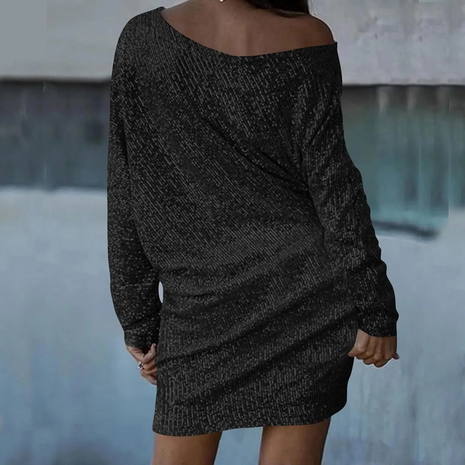 Sparkly Dresses for Women Women's Fashion Dresses Slant Shoulder Long Sleeve Dresses Solid Color Sexy Dresses