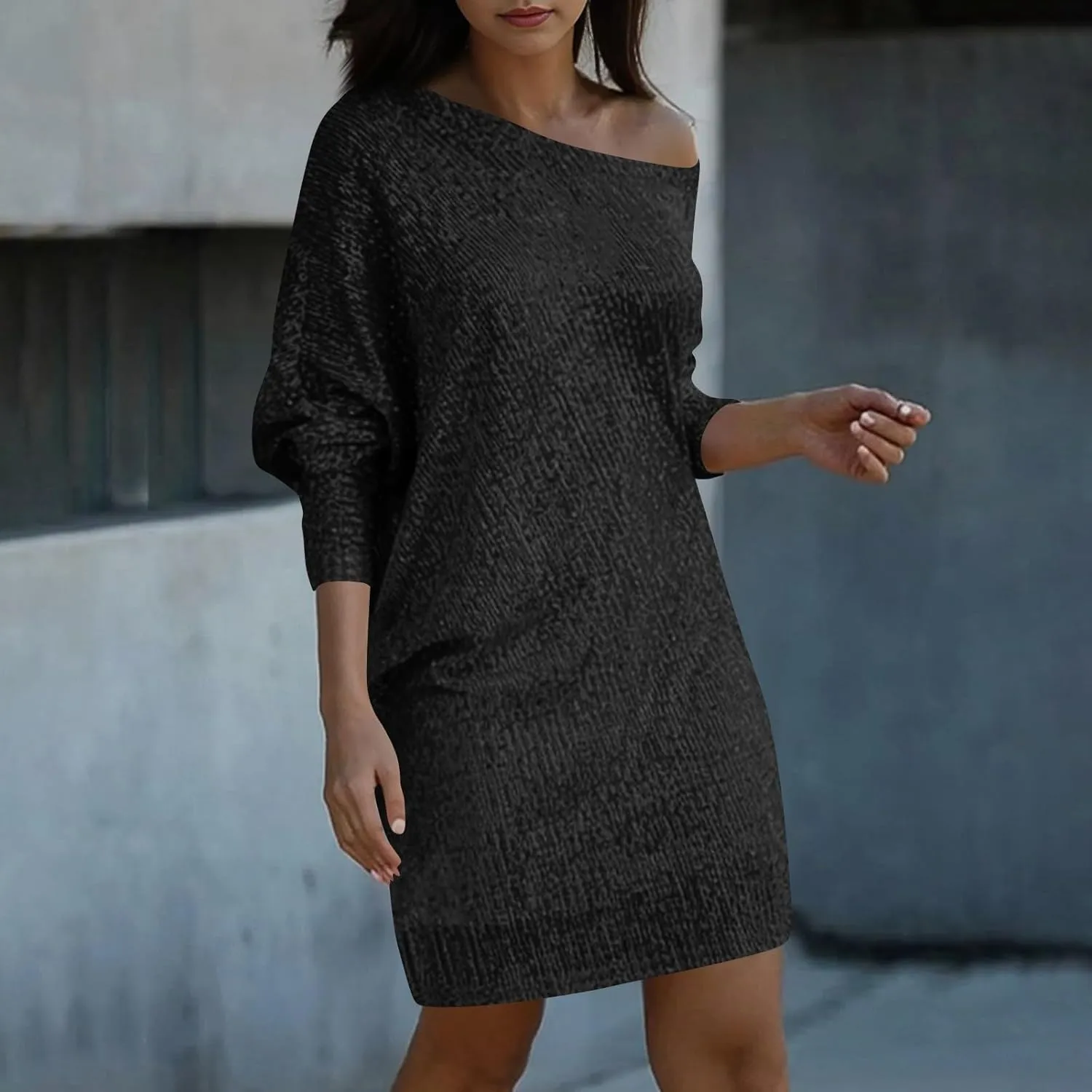 Sparkly Dresses for Women Women's Fashion Dresses Slant Shoulder Long Sleeve Dresses Solid Color Sexy Dresses