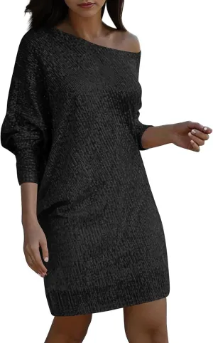 Sparkly Dresses for Women Women's Fashion Dresses Slant Shoulder Long Sleeve Dresses Solid Color Sexy Dresses