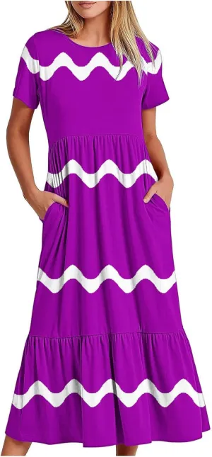 Spring Dresses for Women 2024 Trendy Short Sleeve Striped Maxi Long Dress Resort Wear Vacation Flowy Tshirt Dress