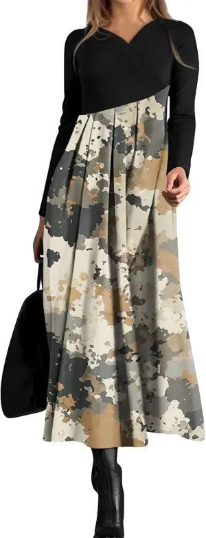 Spring Dresses for Women 2025 V Neck Midi Long Sleeve Flowy Vacation Summer Tea Length Curvy Waist Dress
