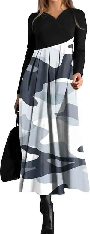 Spring Dresses for Women 2025 V Neck Midi Long Sleeve Flowy Vacation Summer Tea Length Curvy Waist Dress