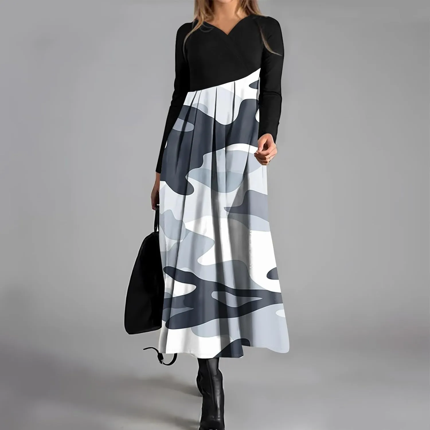 Spring Dresses for Women 2025 V Neck Midi Long Sleeve Flowy Vacation Summer Tea Length Curvy Waist Dress