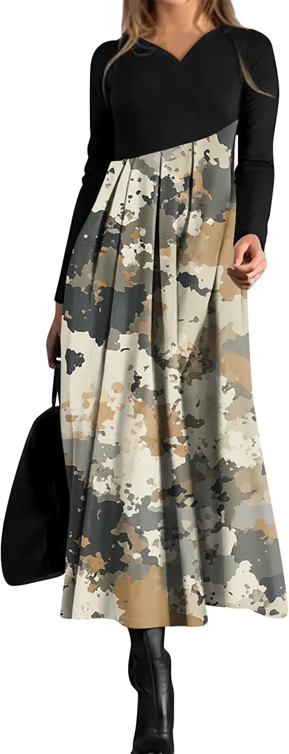 Spring Dresses for Women 2025 V Neck Midi Long Sleeve Flowy Vacation Summer Tea Length Curvy Waist Dress