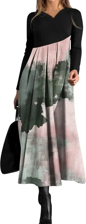 Spring Dresses for Women 2025 V Neck Midi Long Sleeve Flowy Vacation Summer Tea Length Curvy Waist Dress