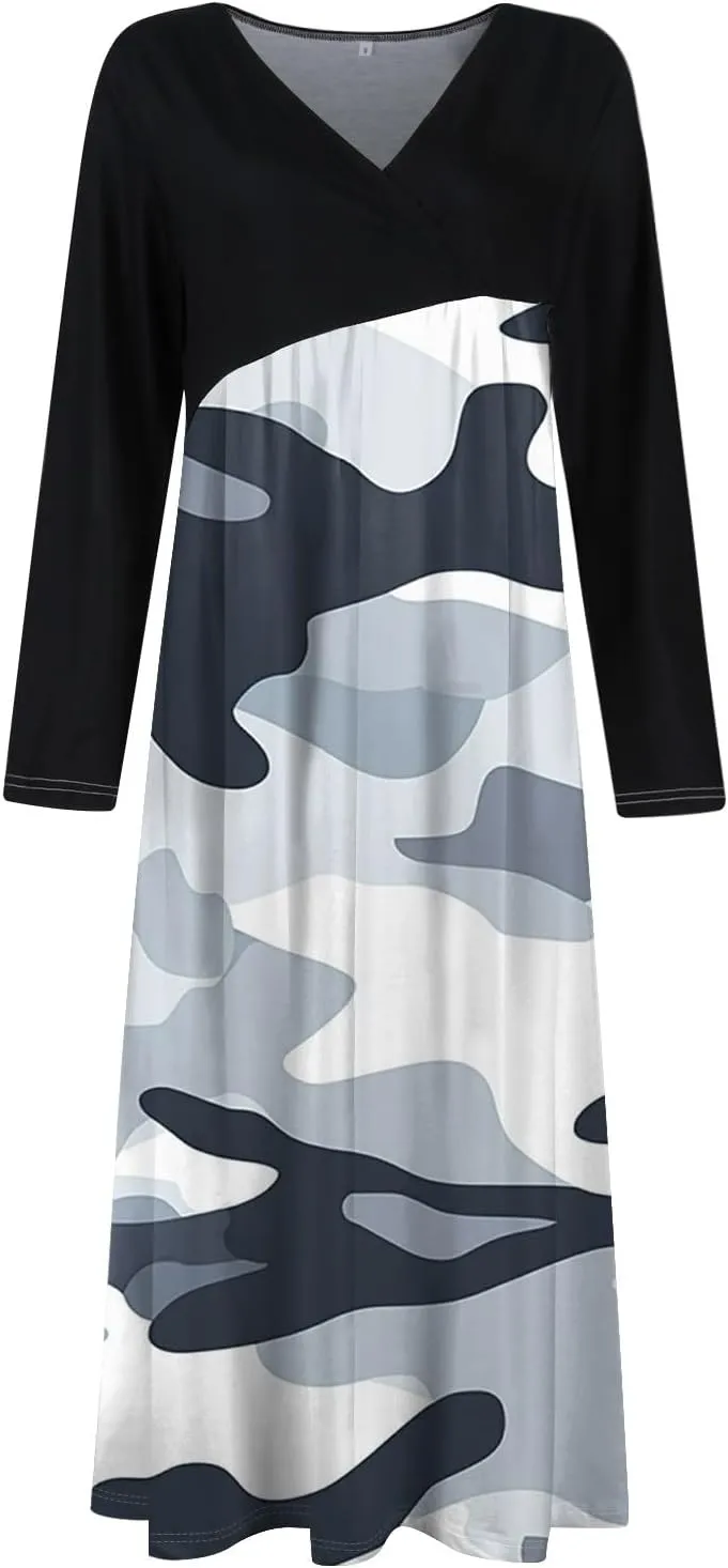 Spring Dresses for Women 2025 V Neck Midi Long Sleeve Flowy Vacation Summer Tea Length Curvy Waist Dress