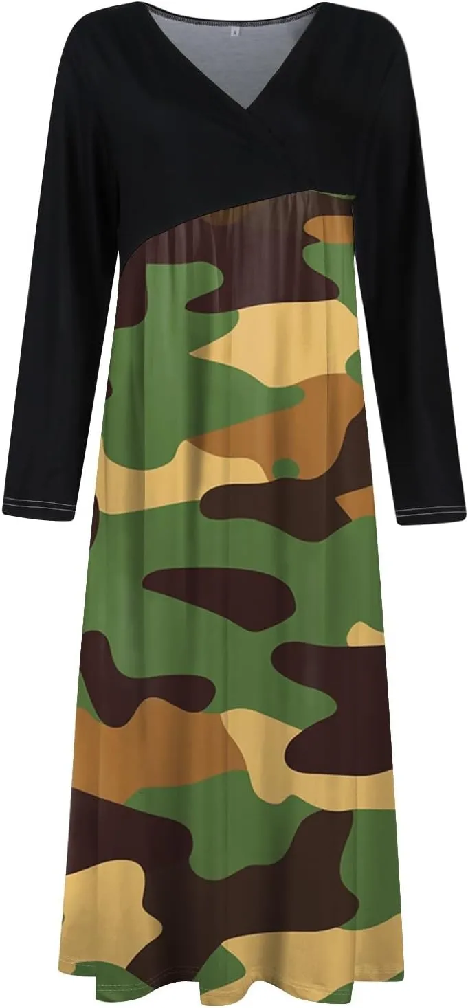 Spring Dresses for Women 2025 V Neck Midi Long Sleeve Flowy Vacation Summer Tea Length Curvy Waist Dress