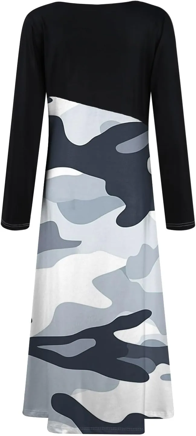 Spring Dresses for Women 2025 V Neck Midi Long Sleeve Flowy Vacation Summer Tea Length Curvy Waist Dress