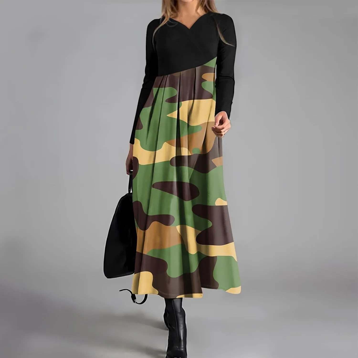Spring Dresses for Women 2025 V Neck Midi Long Sleeve Flowy Vacation Summer Tea Length Curvy Waist Dress