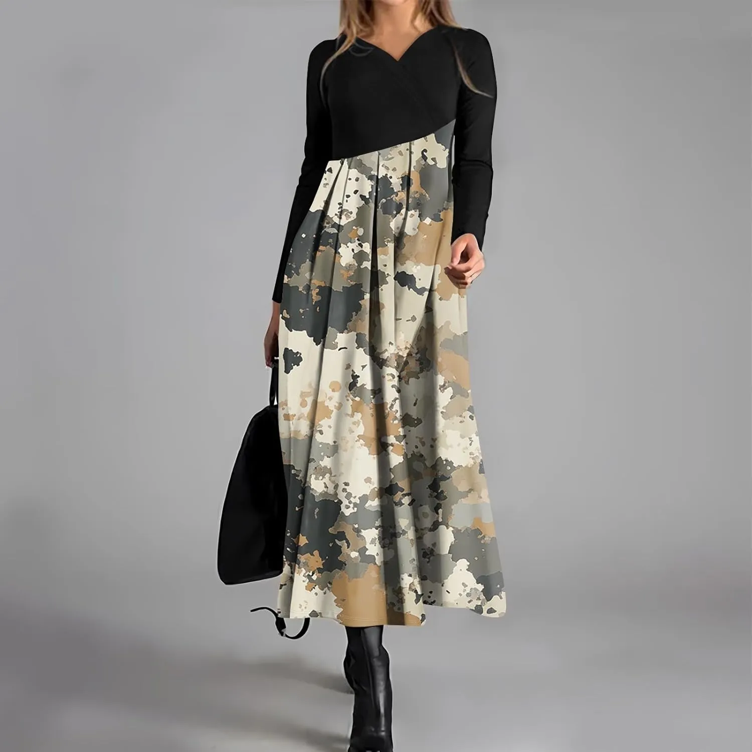 Spring Dresses for Women 2025 V Neck Midi Long Sleeve Flowy Vacation Summer Tea Length Curvy Waist Dress