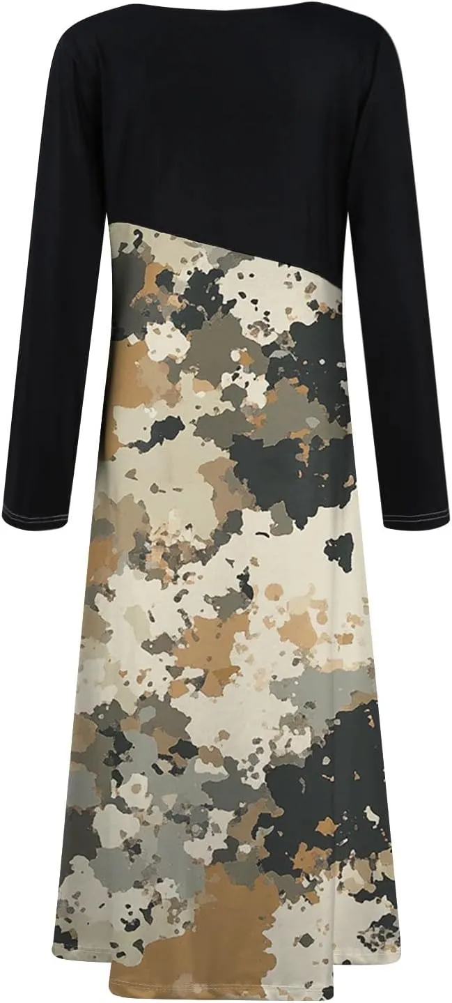 Spring Dresses for Women 2025 V Neck Midi Long Sleeve Flowy Vacation Summer Tea Length Curvy Waist Dress