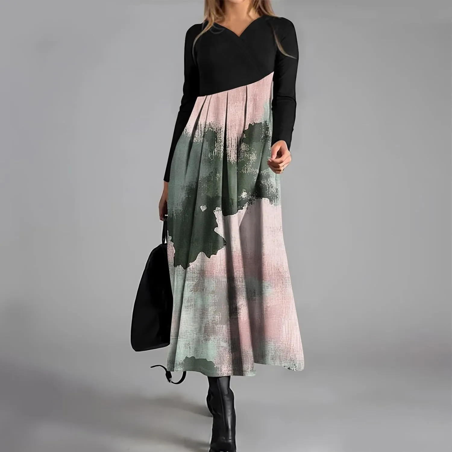 Spring Dresses for Women 2025 V Neck Midi Long Sleeve Flowy Vacation Summer Tea Length Curvy Waist Dress
