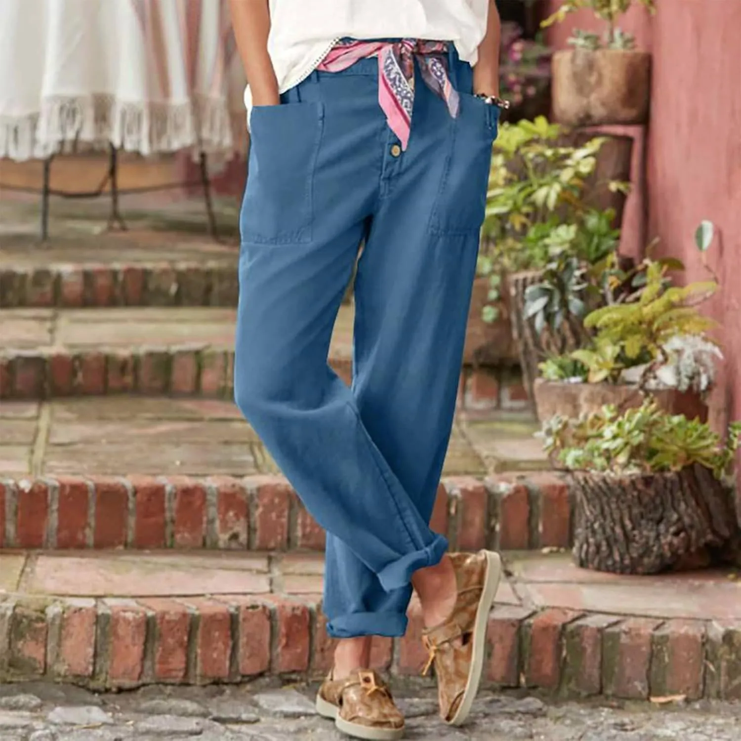 Straight Leg Linen Pants Women Business Casual Work Pants Plus Size High Waisted Dress Pants Ankle Summer Pants 2025