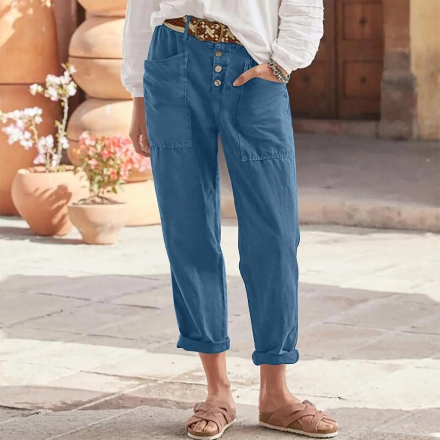 Straight Leg Linen Pants Women Business Casual Work Pants Plus Size High Waisted Dress Pants Ankle Summer Pants 2025