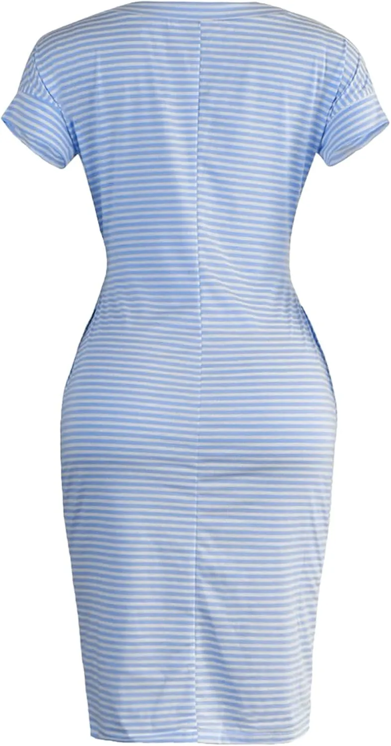 Striped Tie Waist Dress Women, Summer Short Sleeve T Shirt Casual Dress with Pockets Crewneck Office Basic Dresses
