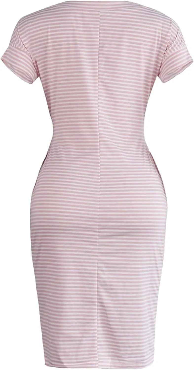 Striped Tie Waist Dress Women, Summer Short Sleeve T Shirt Casual Dress with Pockets Crewneck Office Basic Dresses