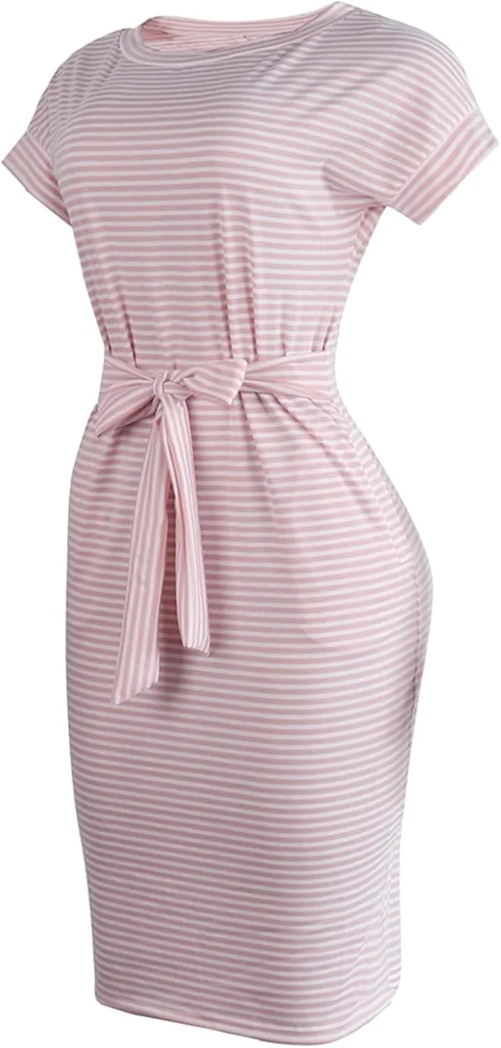 Striped Tie Waist Dress Women, Summer Short Sleeve T Shirt Casual Dress with Pockets Crewneck Office Basic Dresses