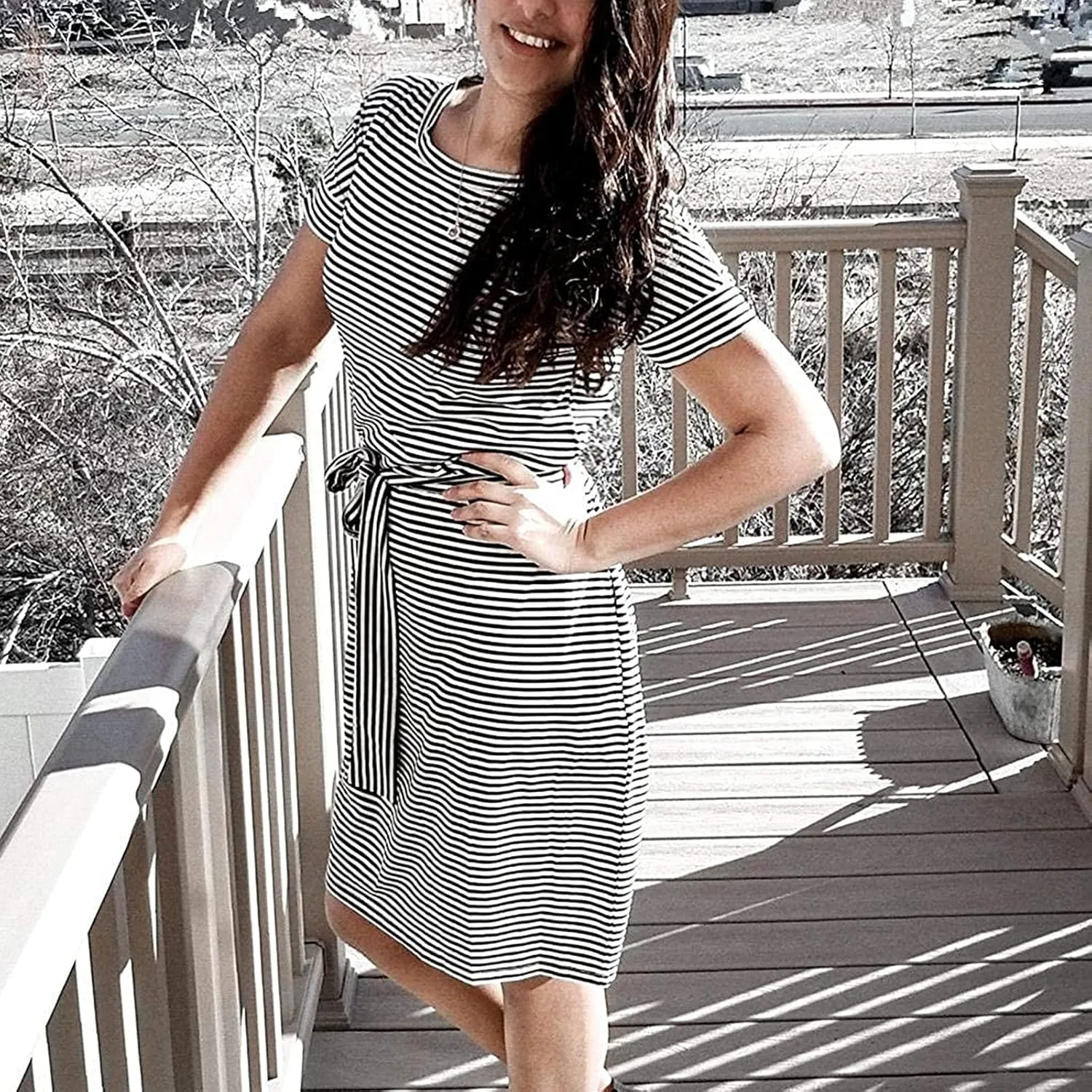 Striped Tie Waist Dress Women, Summer Short Sleeve T Shirt Casual Dress with Pockets Crewneck Office Basic Dresses
