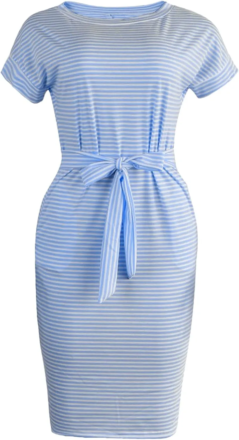 Striped Tie Waist Dress Women, Summer Short Sleeve T Shirt Casual Dress with Pockets Crewneck Office Basic Dresses