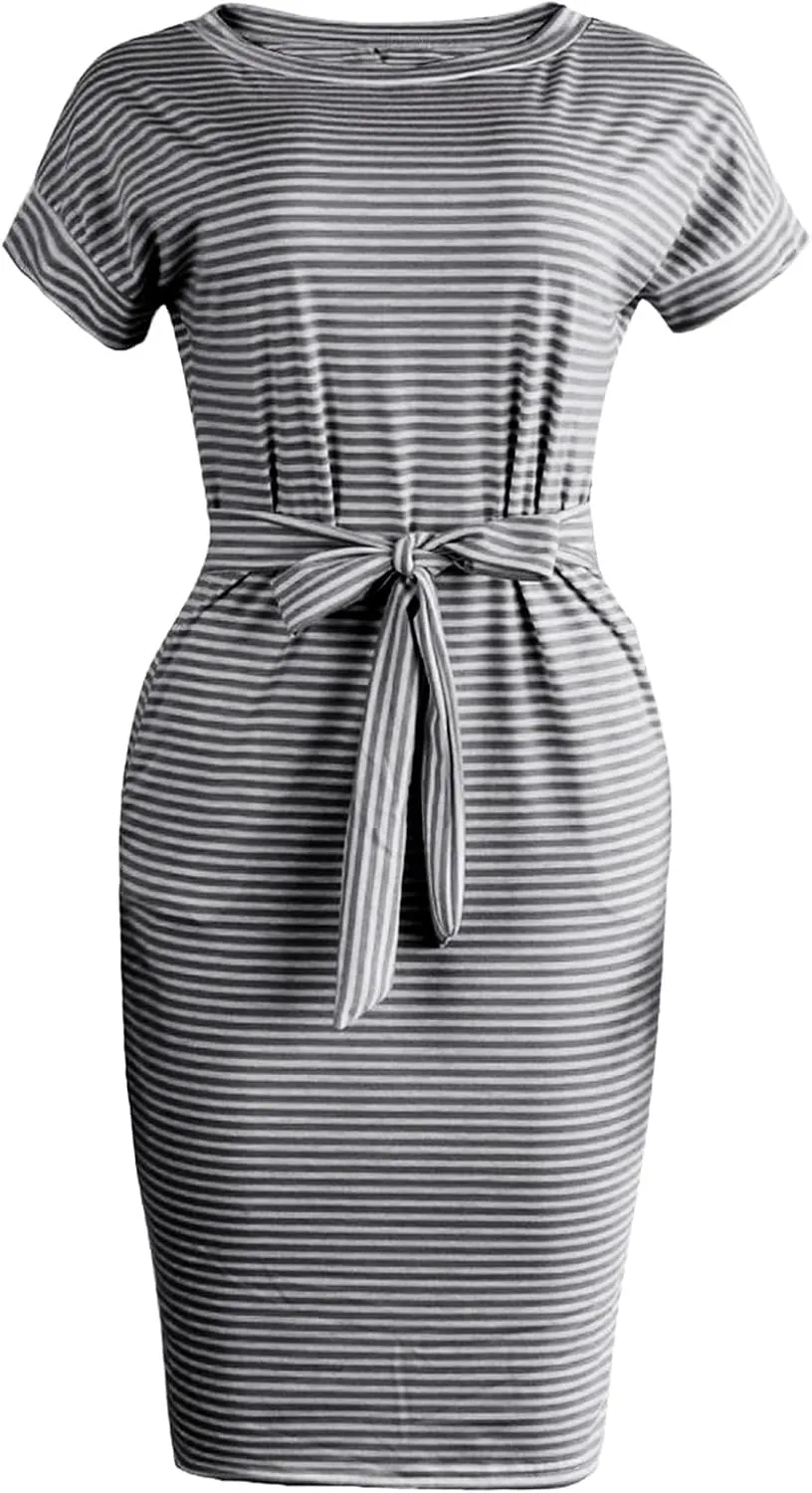 Striped Tie Waist Dress Women, Summer Short Sleeve T Shirt Casual Dress with Pockets Crewneck Office Basic Dresses