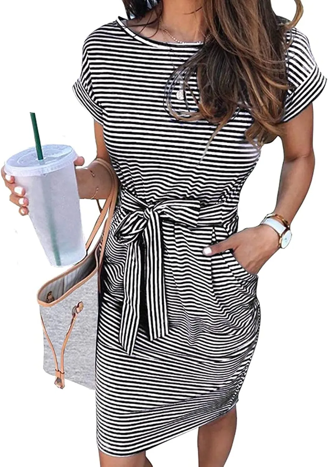 Striped Tie Waist Dress Women, Summer Short Sleeve T Shirt Casual Dress with Pockets Crewneck Office Basic Dresses