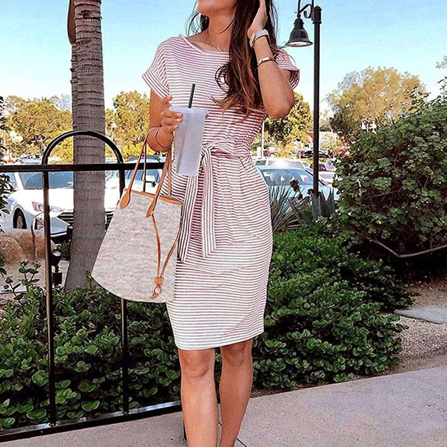 Striped Tie Waist Dress Women, Summer Short Sleeve T Shirt Casual Dress with Pockets Crewneck Office Basic Dresses