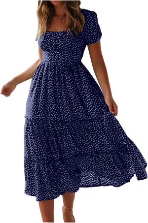 Summer Bohemian Dot Print Dresses for Women 2024 Short Sleeve Square Neck Tunic Dress Tiered Pleated A Line Sundress