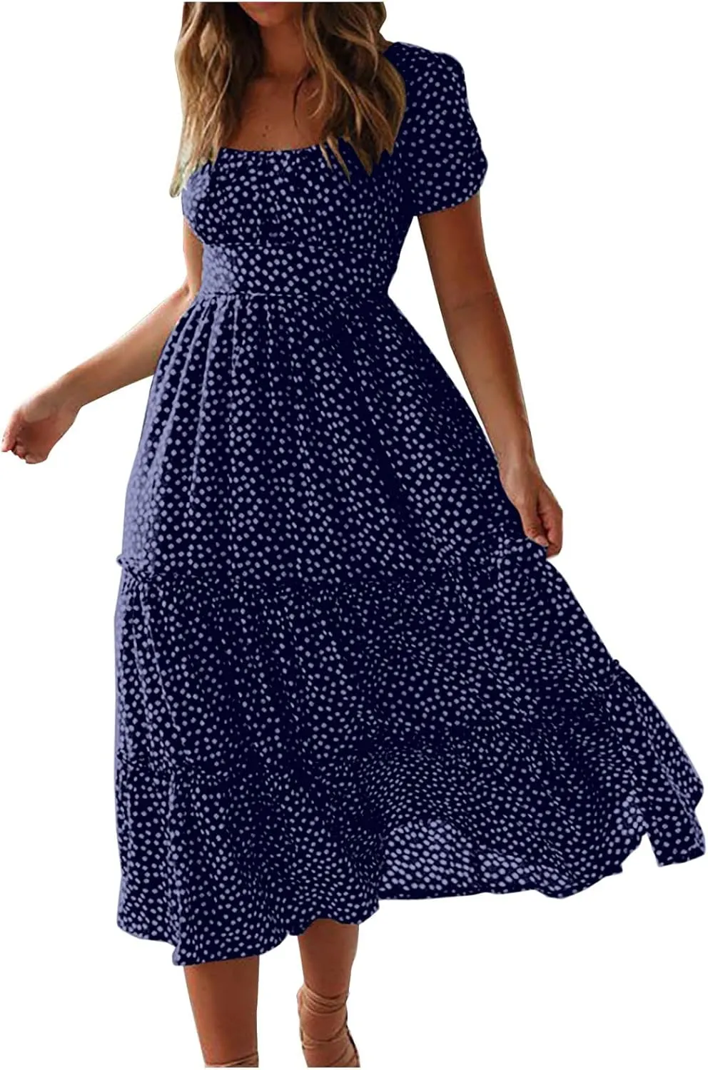 Summer Bohemian Dot Print Dresses for Women 2024 Short Sleeve Square Neck Tunic Dress Tiered Pleated A Line Sundress
