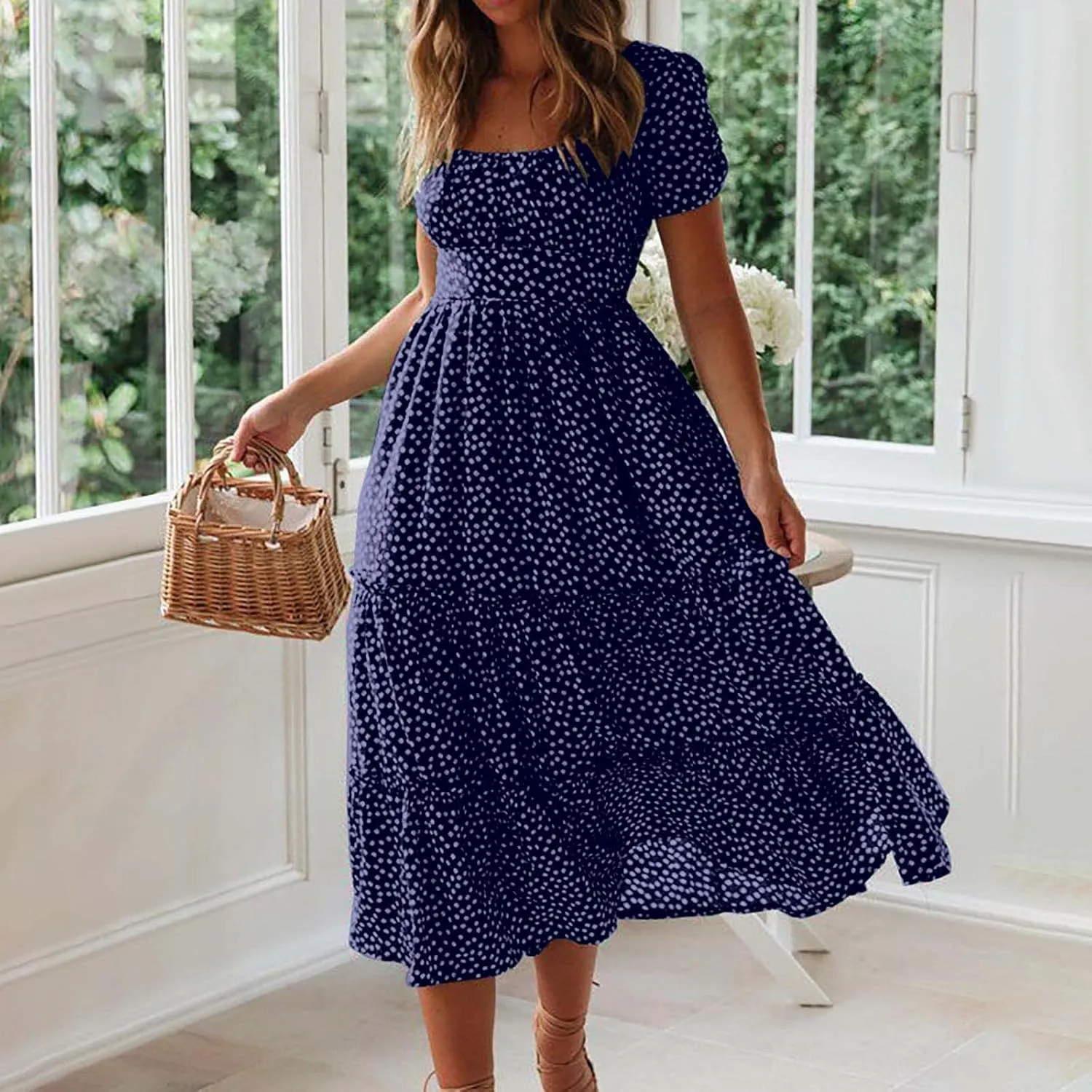 Summer Bohemian Dot Print Dresses for Women 2024 Short Sleeve Square Neck Tunic Dress Tiered Pleated A Line Sundress