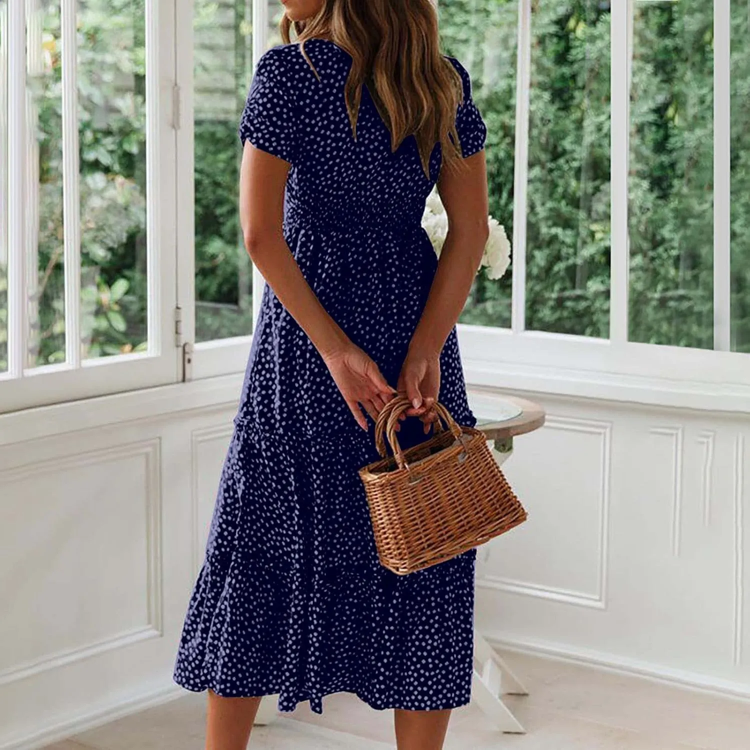Summer Bohemian Dot Print Dresses for Women 2024 Short Sleeve Square Neck Tunic Dress Tiered Pleated A Line Sundress