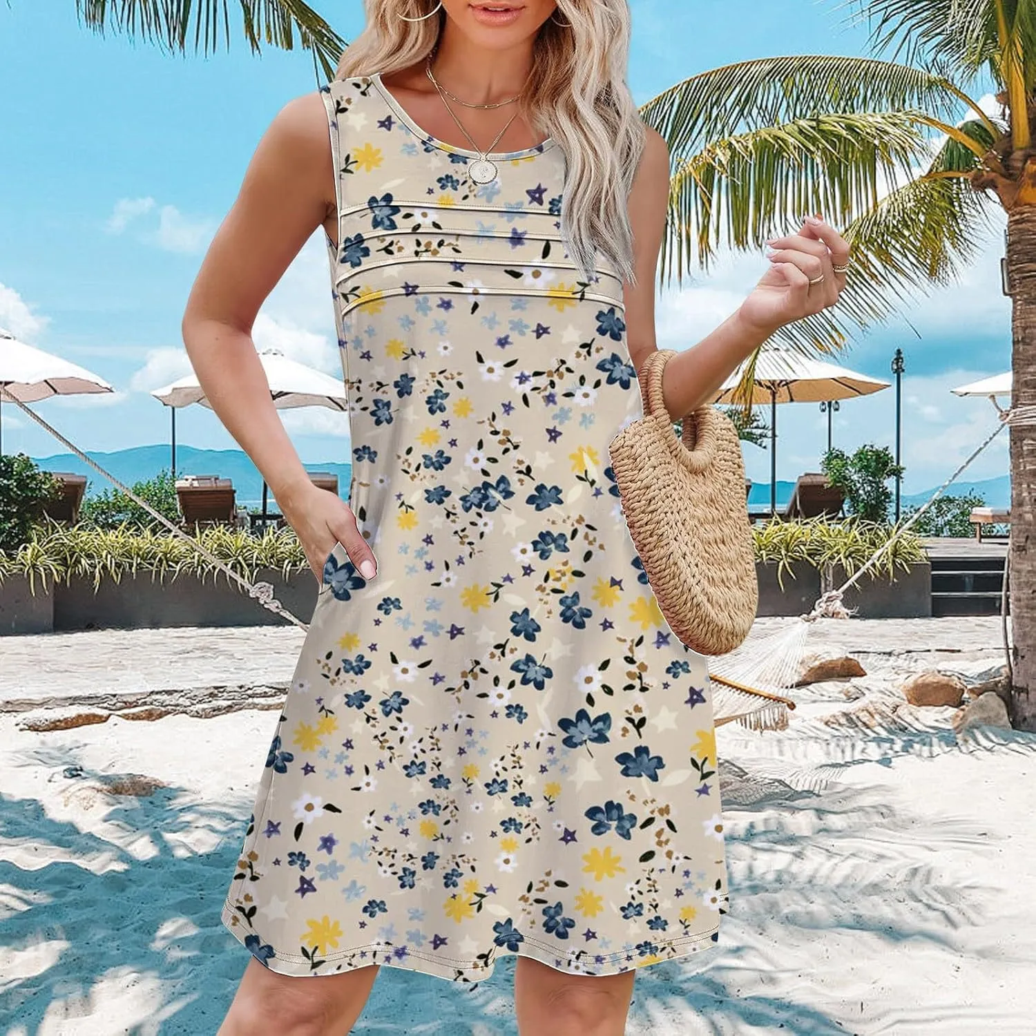 Summer Dress for Women Womens with Pockets Summer Casual Tank Dress Sleeveless Midi Beach Dress Linen Dress Long