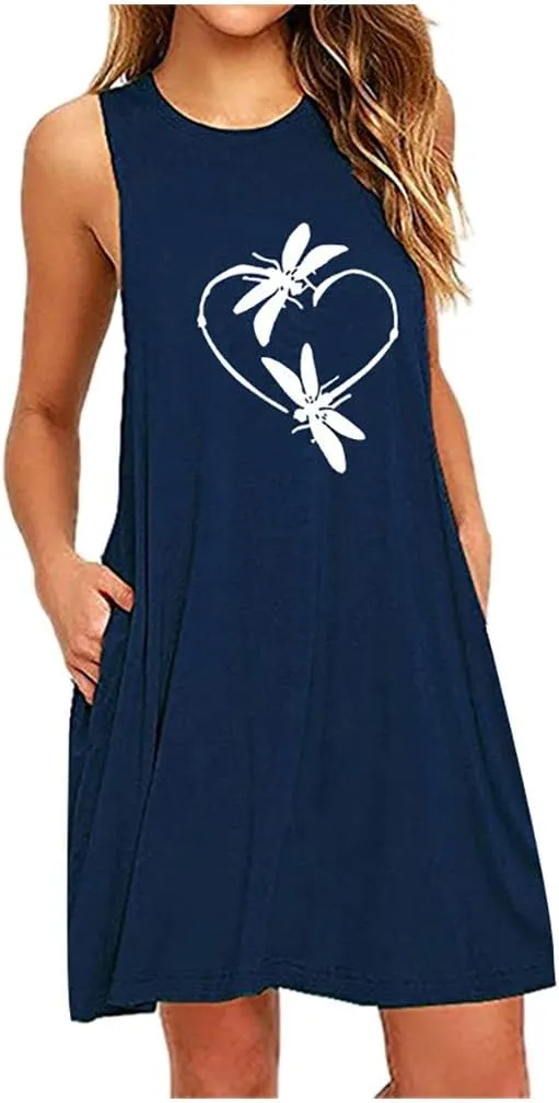 Summer Dresses for Women 2024 Plus Size Cute Graphic Beach Sundresses Casual Sleeveless Crewneck Trendy Swing Dress