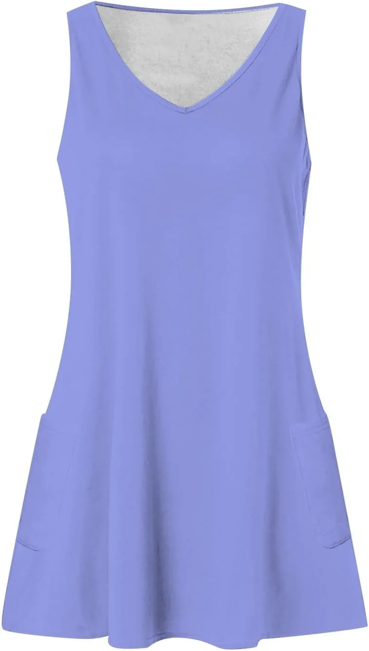 Summer Dresses for Women 2024 Womens Casual Sundress with Pockets Boho Solid Color V Neck Beach Tank Dresses