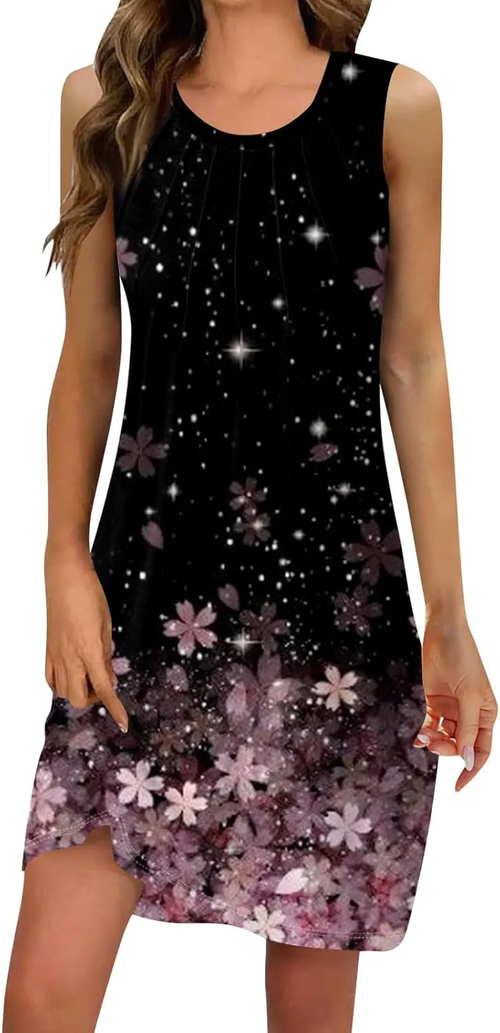 Summer Dresses for Women 2025 Beach Casual U Neck Sleeveless Fashion Floral Print Tank Loose Sundress