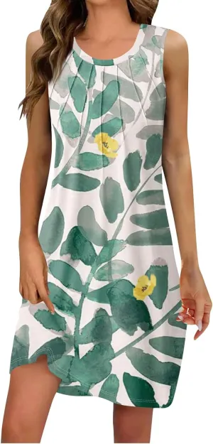 Summer Dresses for Women 2025 Beach Casual U Neck Sleeveless Fashion Floral Print Tank Loose Sundress