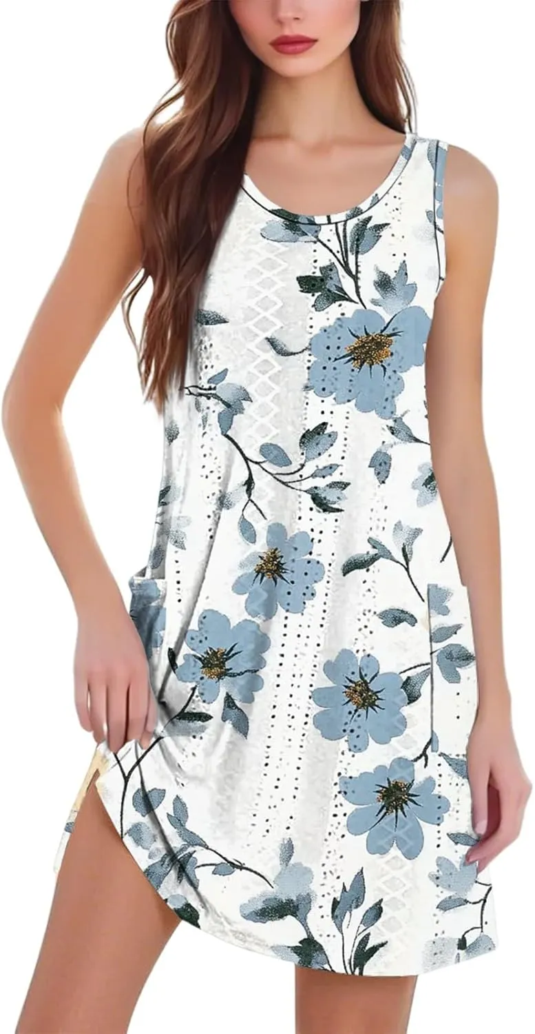 Summer Dresses for Women 2025 Beach Vacation Spring Clothes Sleeveless Crewneck Casual Floral Dress