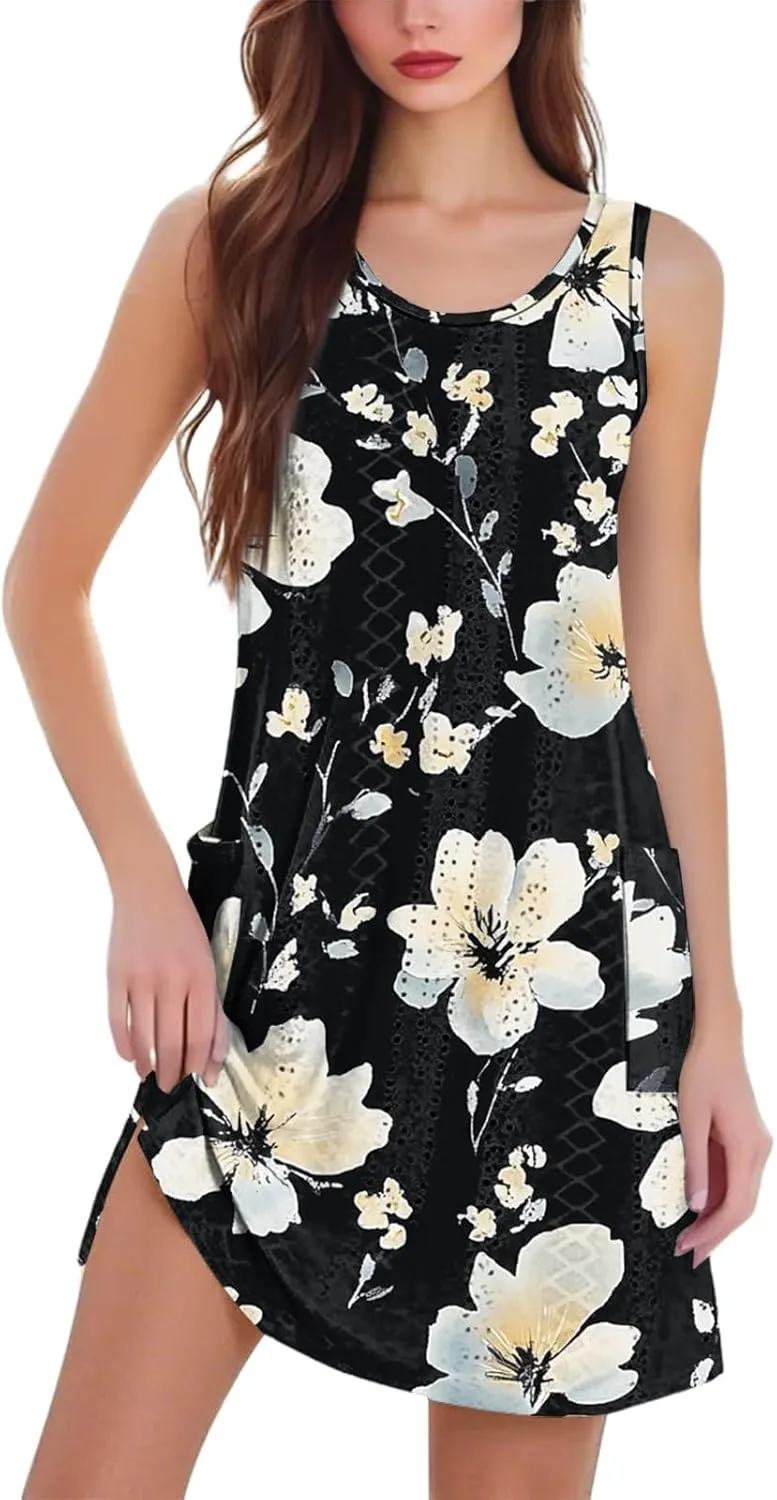 Summer Dresses for Women 2025 Beach Vacation Spring Clothes Sleeveless Crewneck Casual Floral Dress