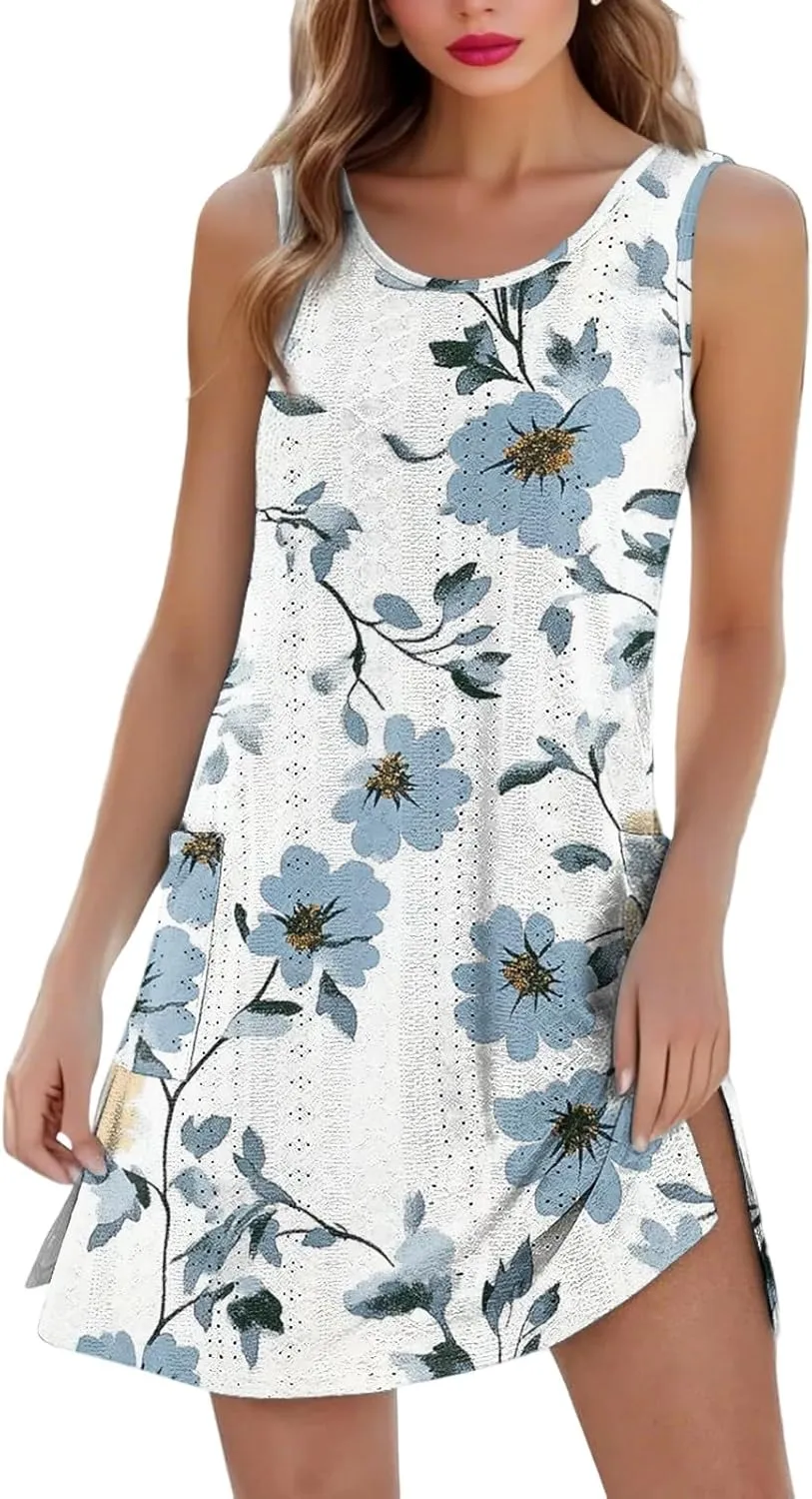 Summer Dresses for Women 2025 Beach Vacation Spring Clothes Sleeveless Crewneck Casual Floral Dress