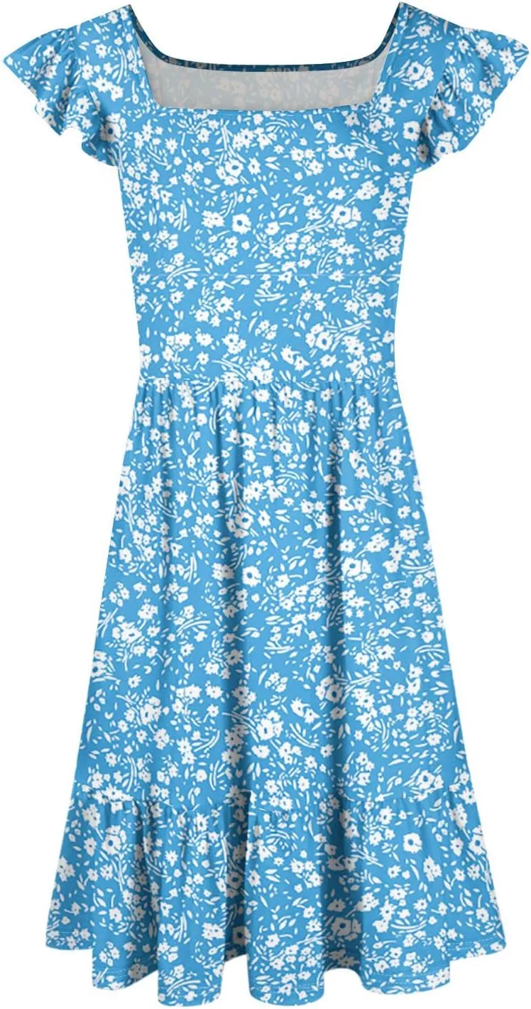 Summer Dresses for Women 2025 Casual Sleeveless Ruffle Flowy Midi Dress Square Neck Tiered Boho Beach Tunic Sundress