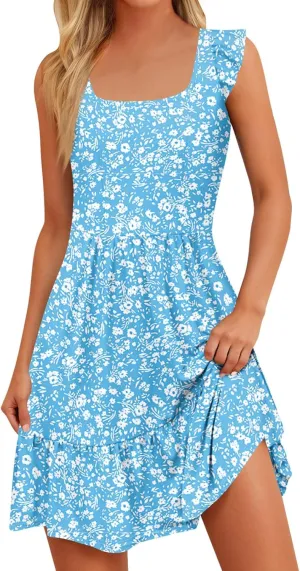 Summer Dresses for Women 2025 Casual Sleeveless Ruffle Flowy Midi Dress Square Neck Tiered Boho Beach Tunic Sundress