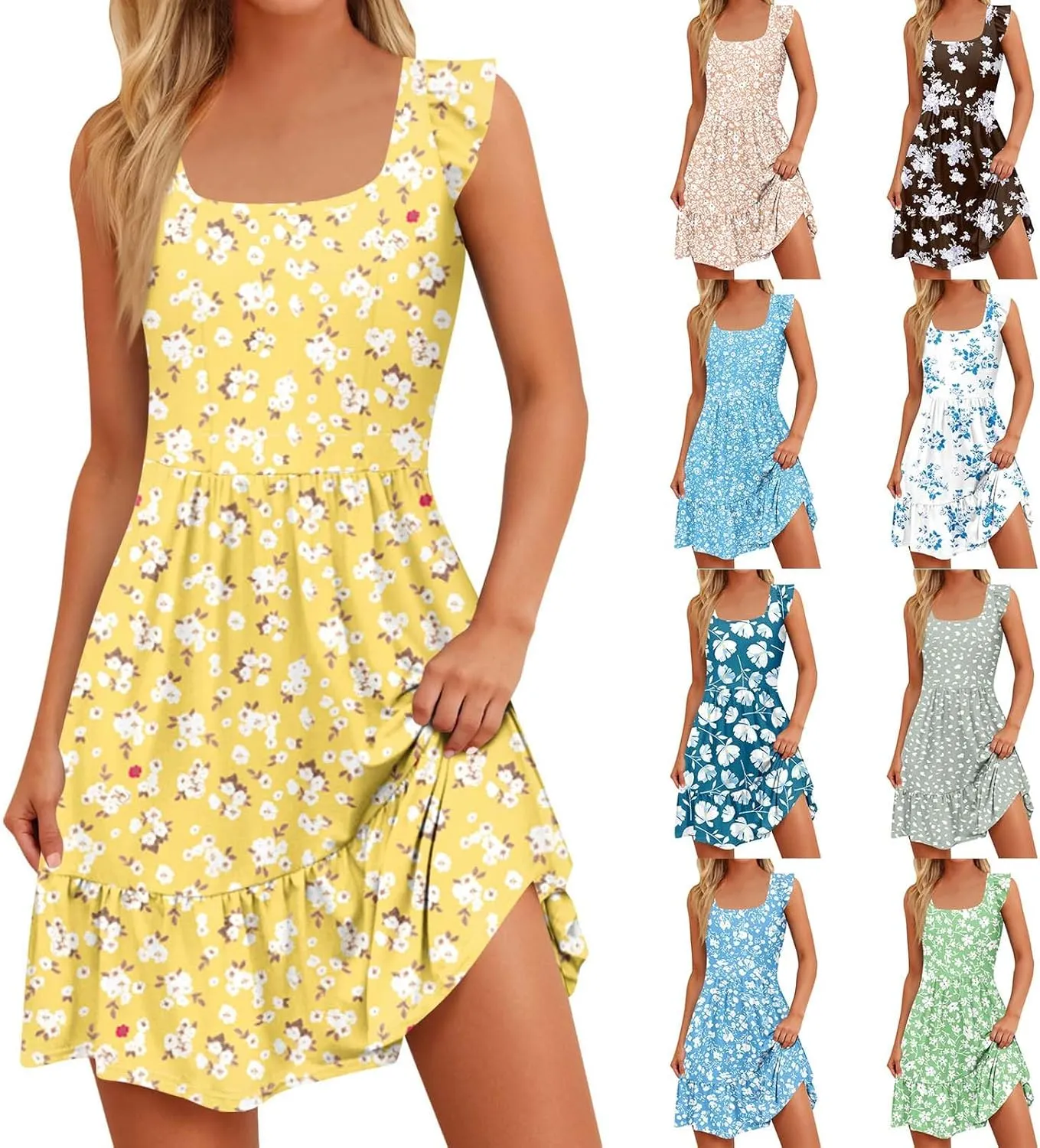 Summer Dresses for Women 2025 Casual Sleeveless Ruffle Flowy Midi Dress Square Neck Tiered Boho Beach Tunic Sundress
