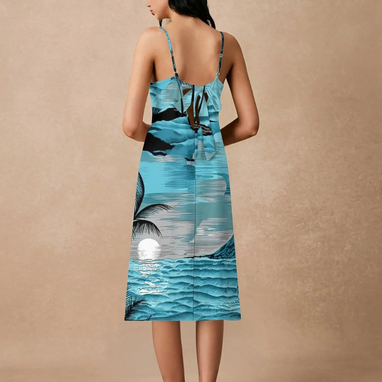 Summer Dresses for Women 2025 Classy Cruise Floral Spaghetti Strap Midi Dress Sleeveless Backless Bow Tie Waist Dress