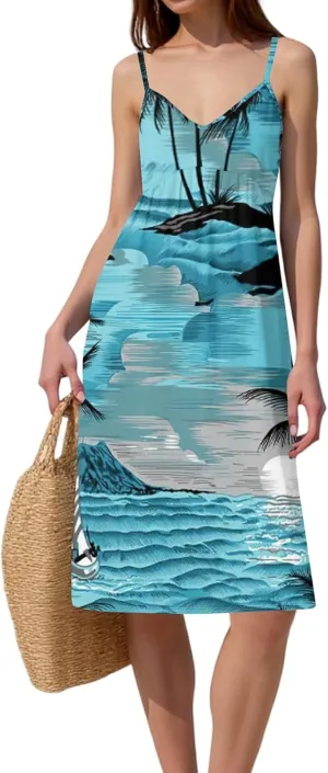 Summer Dresses for Women 2025 Classy Cruise Floral Spaghetti Strap Midi Dress Sleeveless Backless Bow Tie Waist Dress