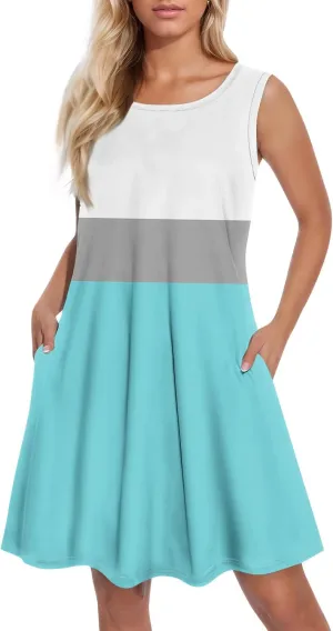 Summer Dresses for Women 2025 Colorblock Striped Strappy Midi Cami Sundresses Classy Empire Waist Dress with Pockets