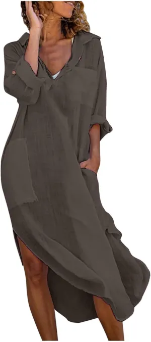 Summer Dresses for Women 2025 Cotton Linen Long Sleeve Button Down Casual Loose Maxi Shift Boho Flowy Dress