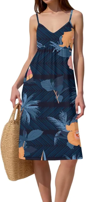 Summer Dresses for Women 2025 Elegent Boho Tropical Spaghetti Strap Midi Dress Sleeveless V Neck Empire Waist Dress