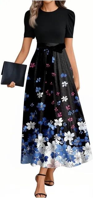 Summer Dresses for Women 2025 Maxi Short Sleeve Flowy Floral Empire Waist Dress Elegant Long Sundress with Belt