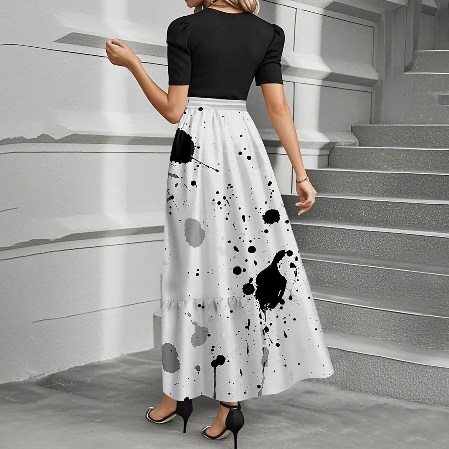 Summer Dresses for Women 2025 Maxi Short Sleeve Flowy Floral Empire Waist Dress Elegant Long Sundress with Belt