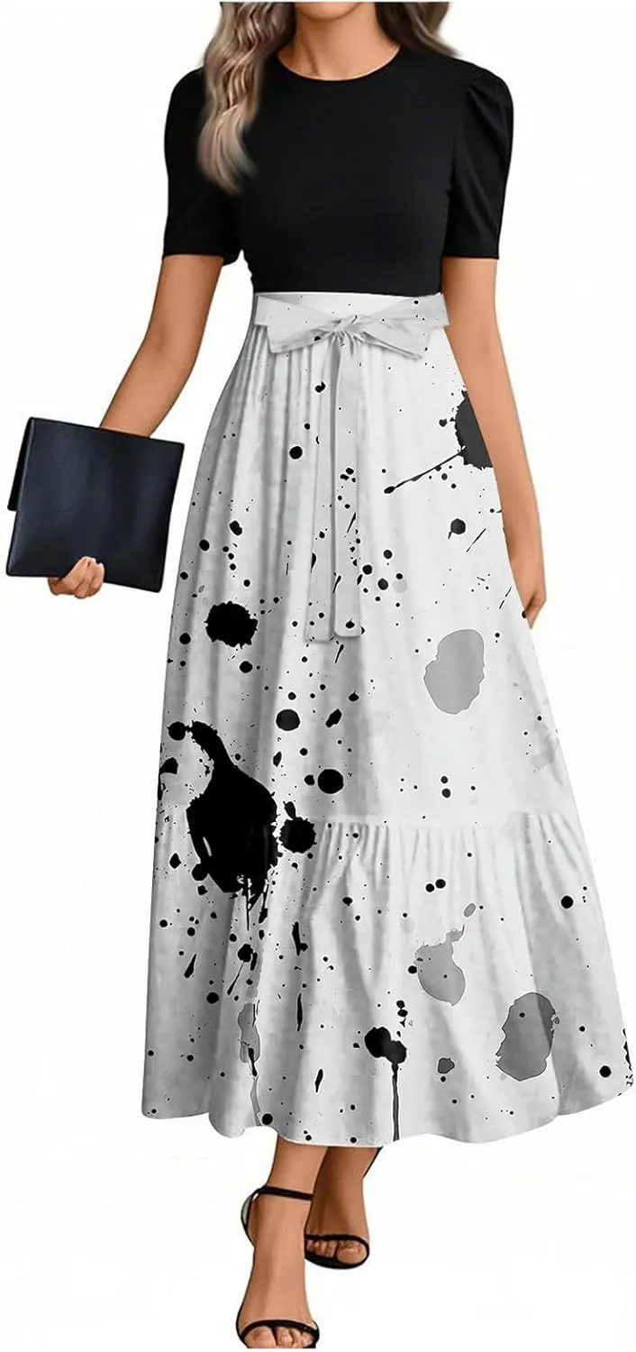 Summer Dresses for Women 2025 Maxi Short Sleeve Flowy Floral Empire Waist Dress Elegant Long Sundress with Belt